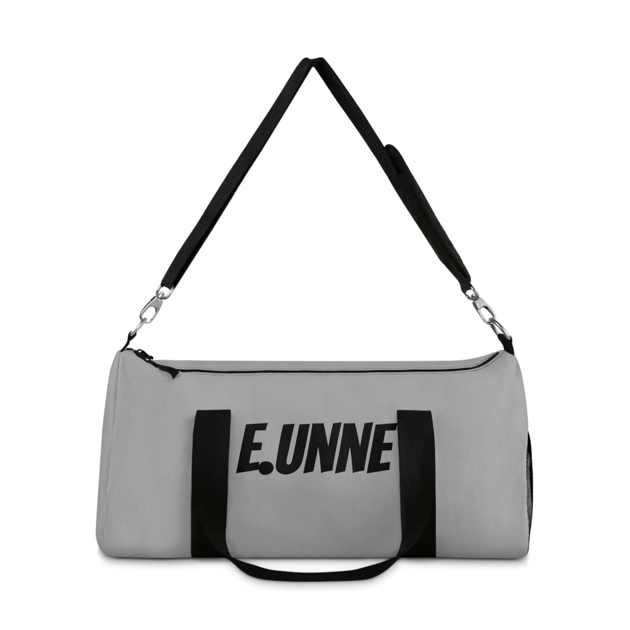 Personalized Gray Duffel Bag — Customizable Gym & Travel Weekender with padded shoulder strap.