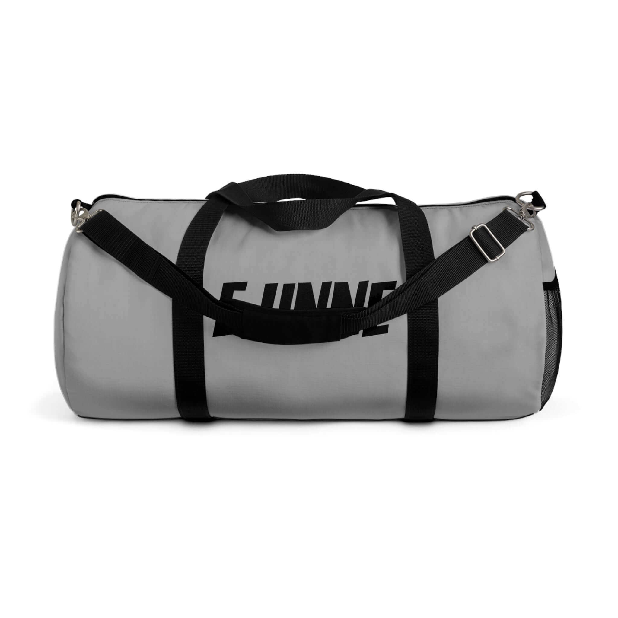 Personalized Gray Duffel Bag — Customizable Gym & Travel Weekender with padded shoulder strap and secure pockets.