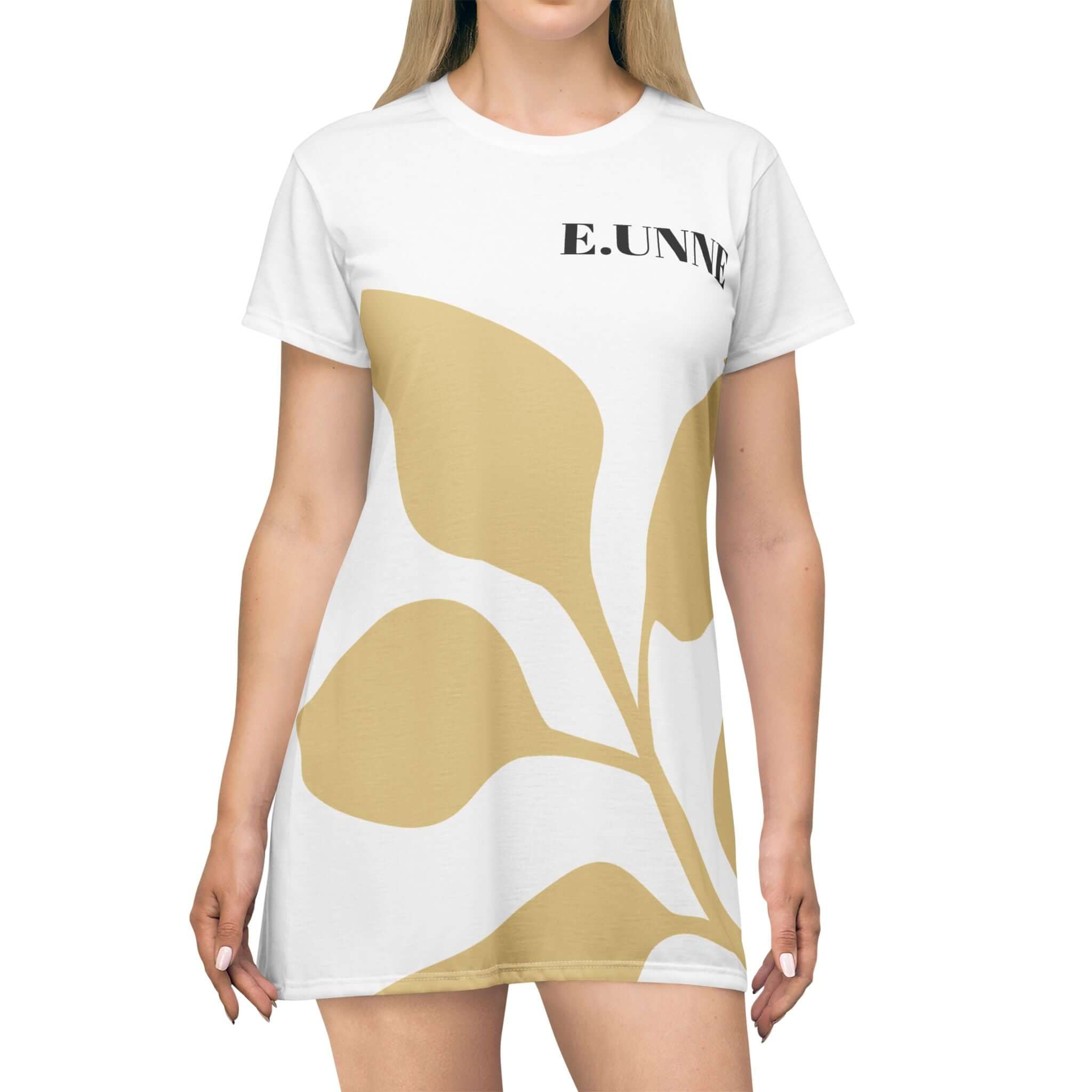 Botanical Leaf T-Shirt Dress — E.UNNE All-Over Print Casual Summer Dress