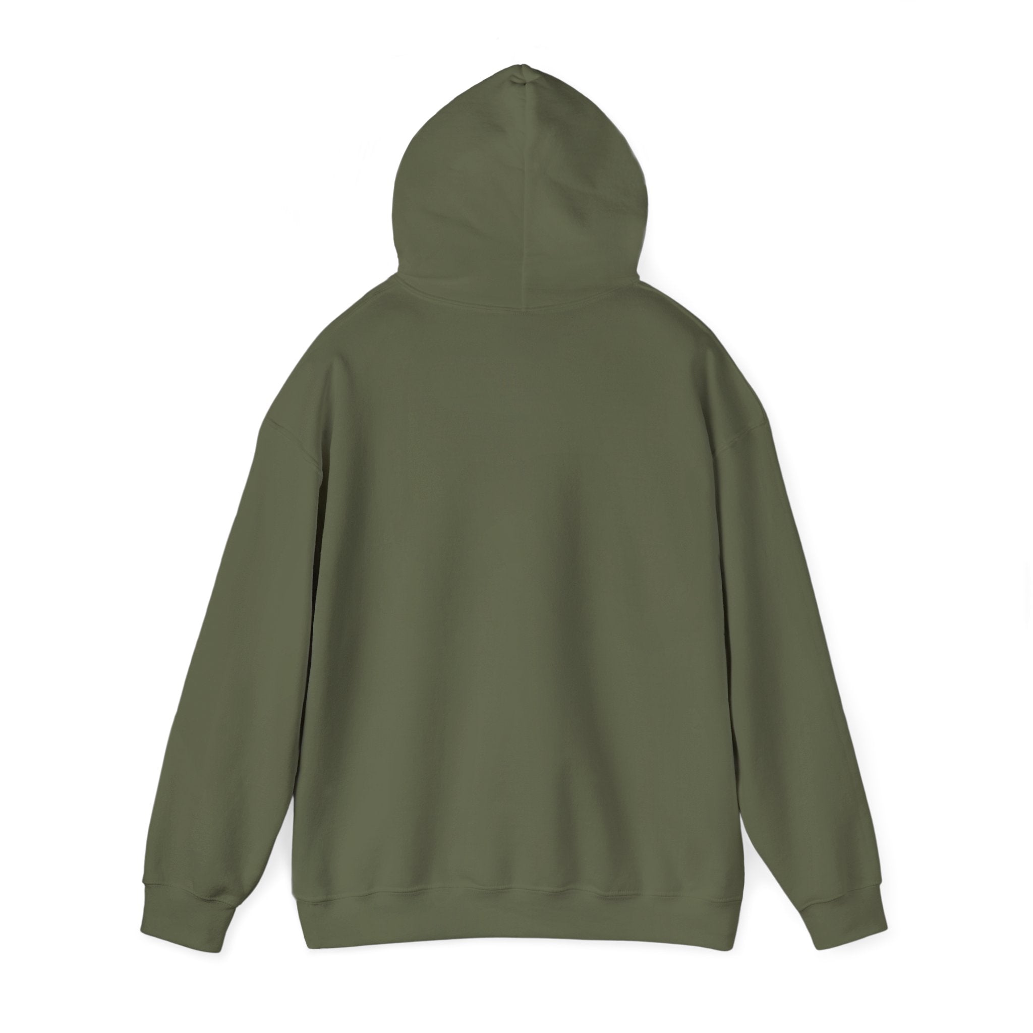 E.UNNE Logo Hoodie — Minimal Monogram Pullover back view showing the smooth olive green fabric and hood.