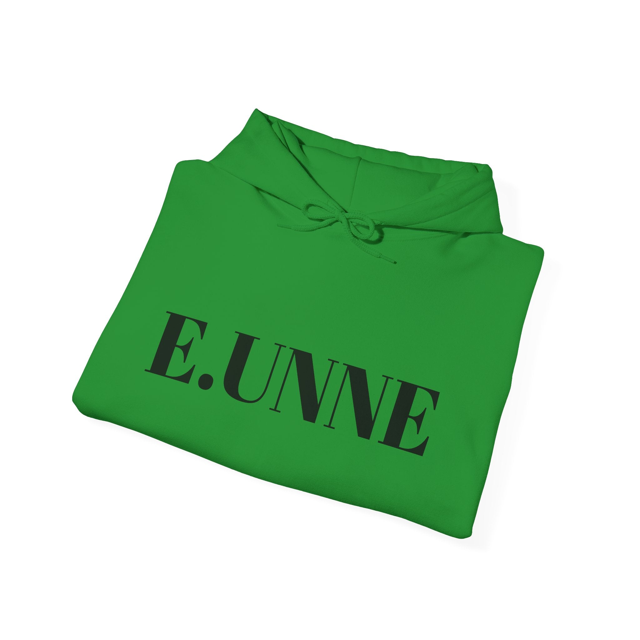 E.UNNE Logo Hoodie — Minimal Monogram Pullover in green with bold black lettering.