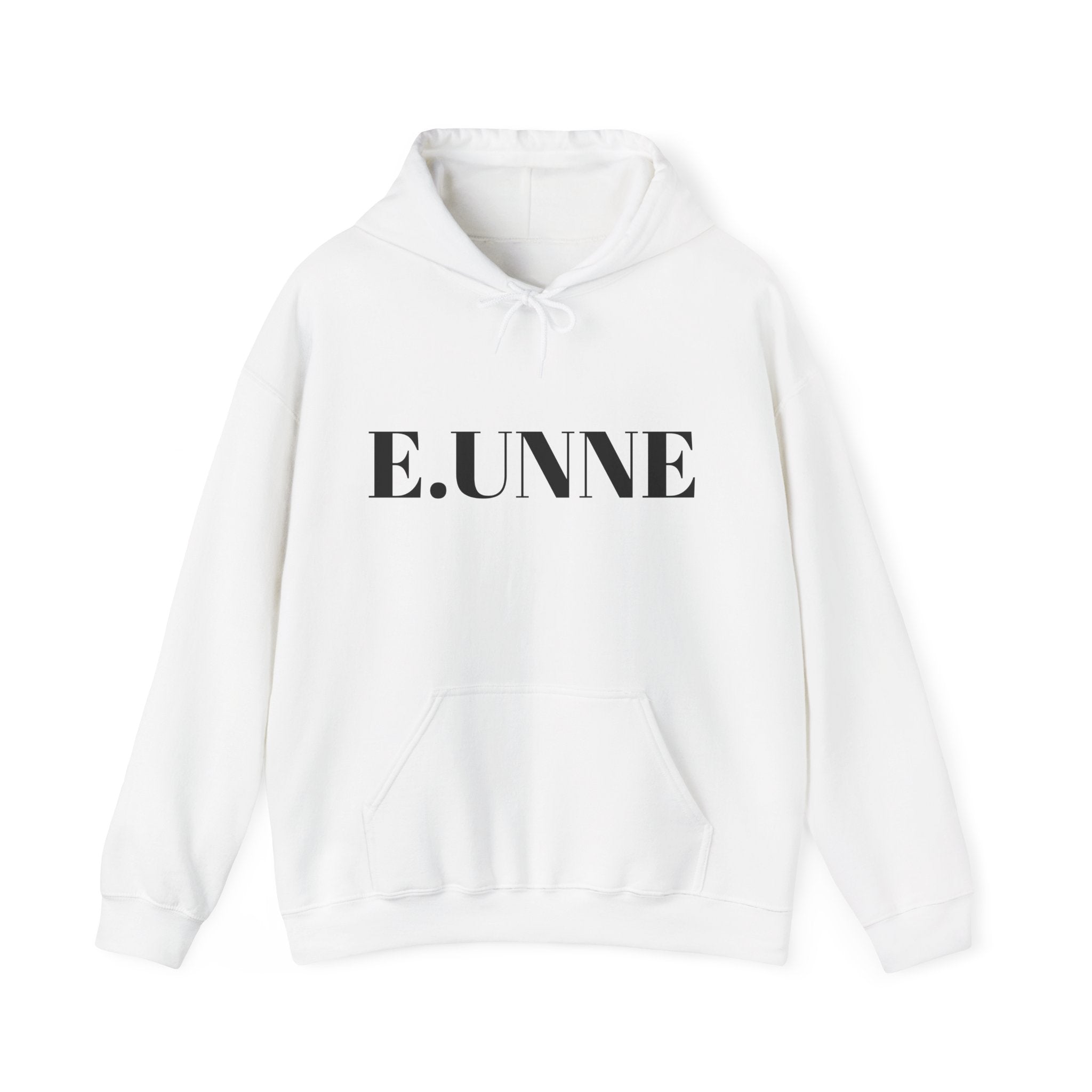 E.UNNE Logo Hoodie — Minimal Monogram Pullover in white with black logo, featuring a kangaroo pocket and double-lined hood.