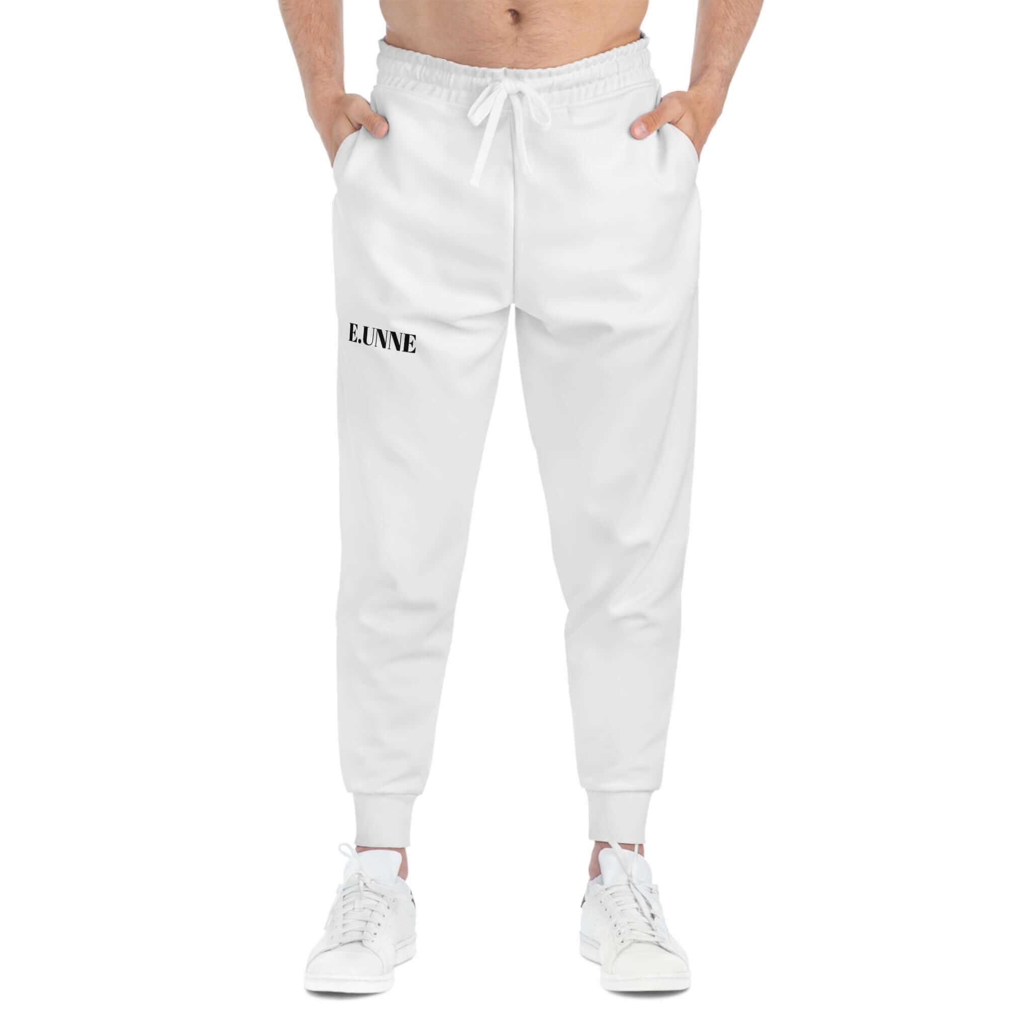 Athletic Joggers — Minimal White AOP Sweatpants with Small Black worn by a model standing casually.