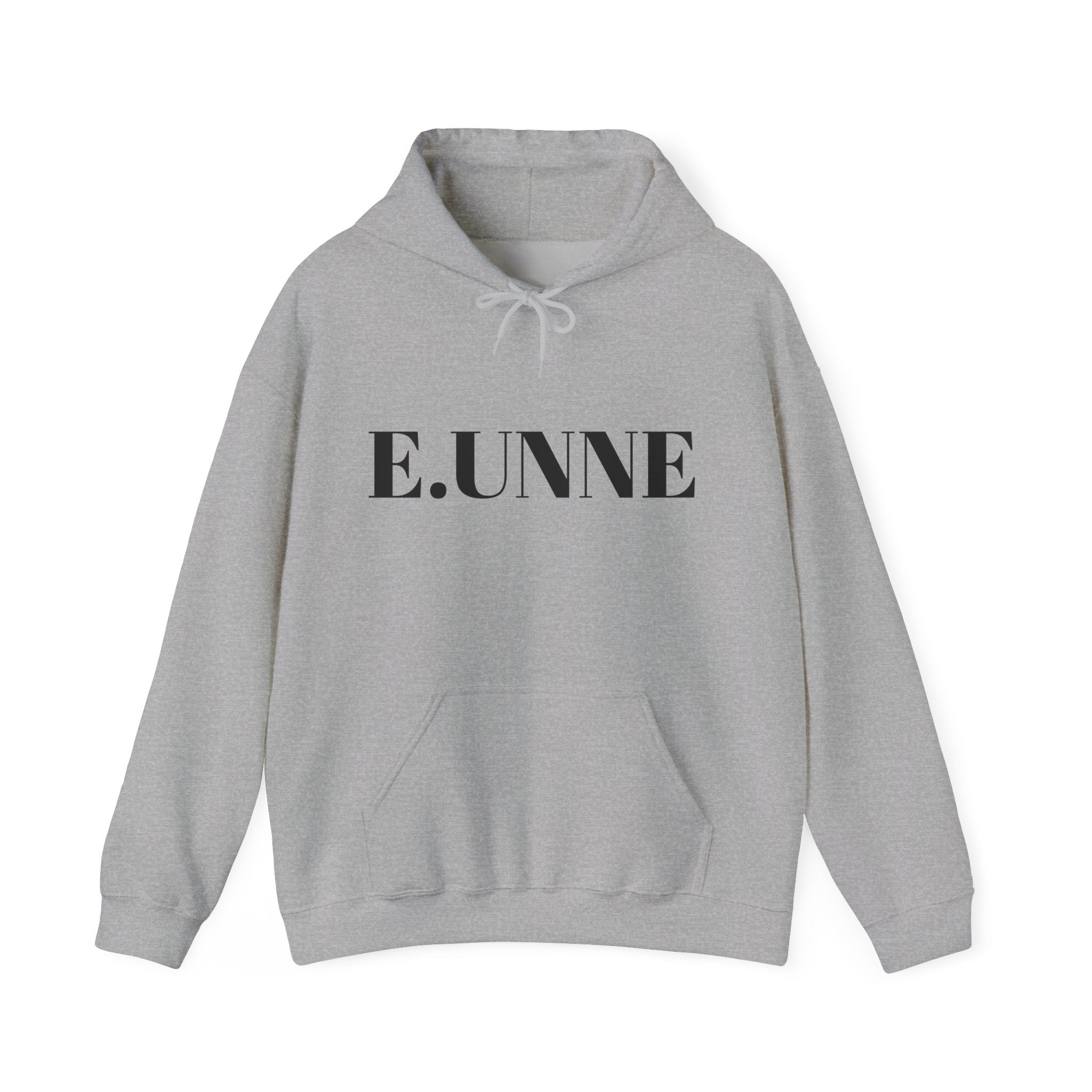 E.UNNE Logo Hoodie — Minimal Monogram Pullover in grey with centered logo design and kangaroo pocket.