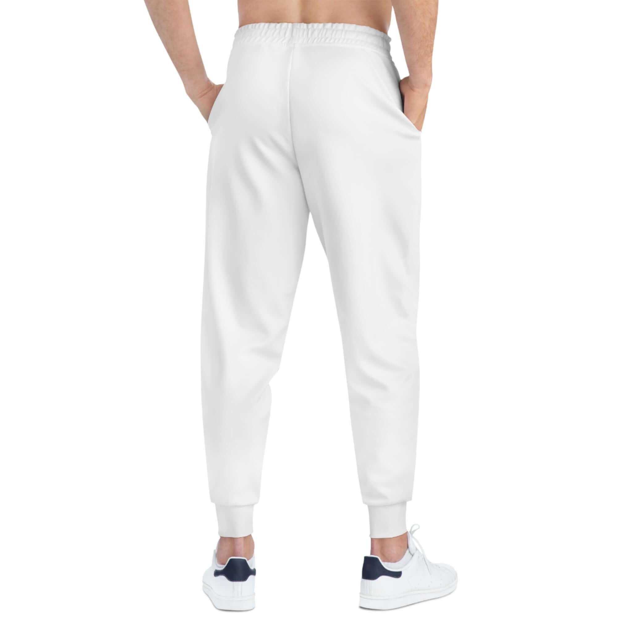Athletic Joggers — Minimal White AOP Sweatpants with Small Black, showing back view and deep pockets.