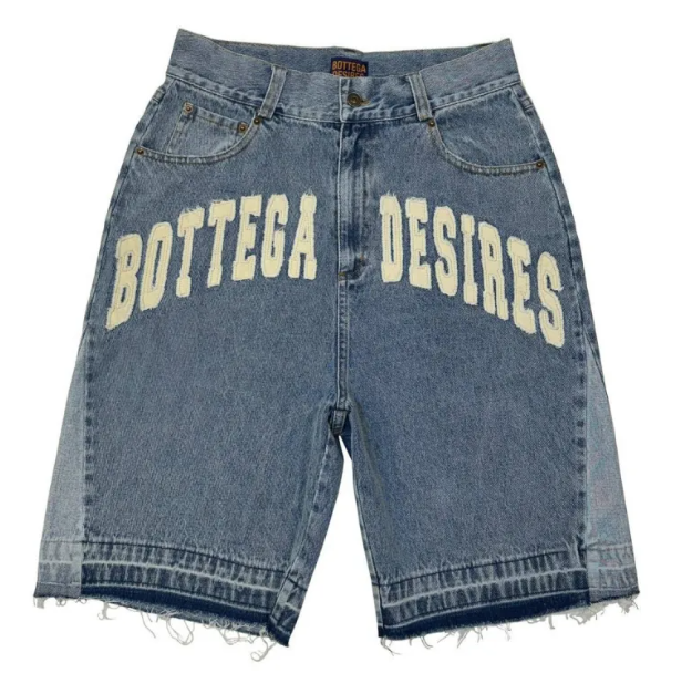 Unisex retro embroidered denim shorts featuring Bottega Desires lettering in a stylish design.