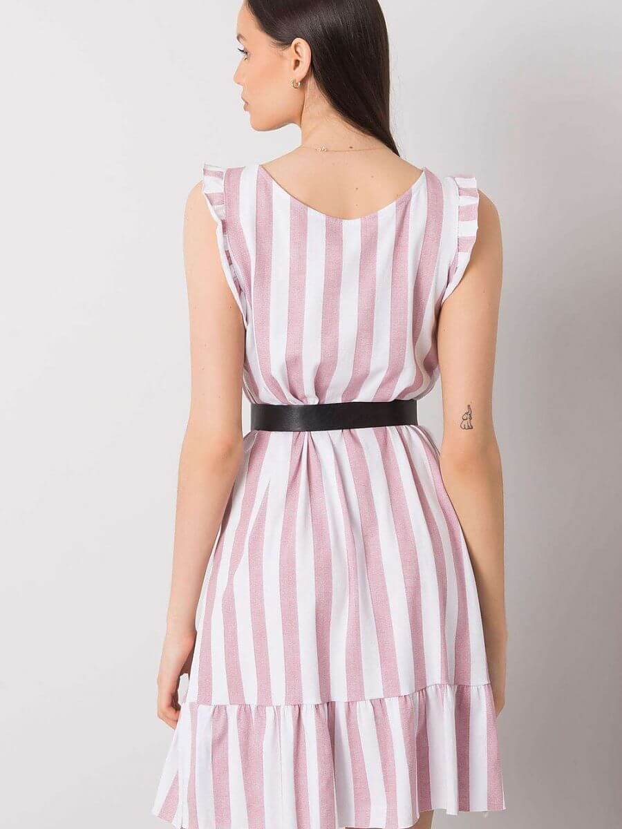 Back view of a sleeveless summer dress with ruffles featuring striped design and black belt detail.