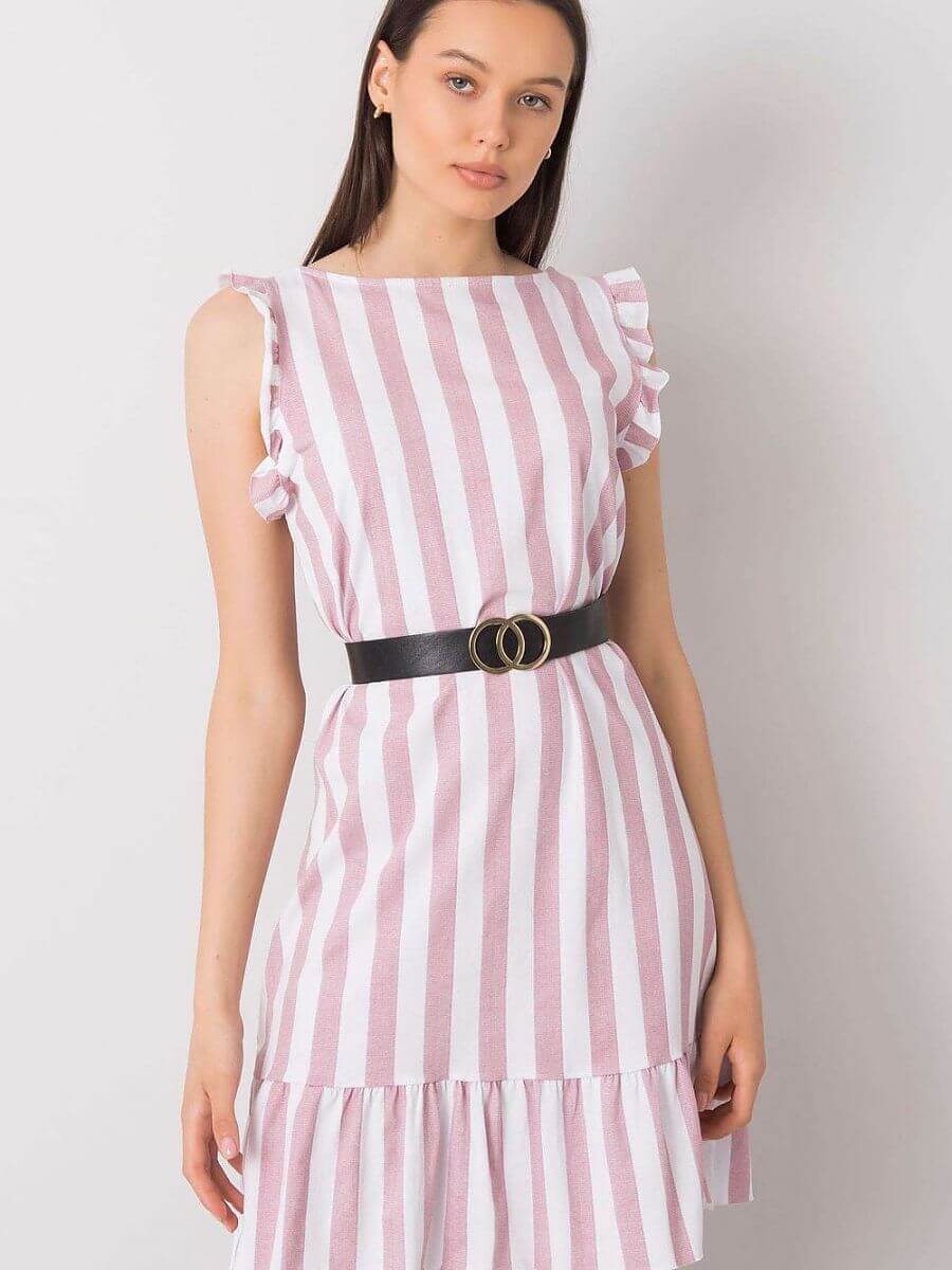 Sleeveless summer dress with ruffles in pink and white stripes, styled with a black belt for added elegance.