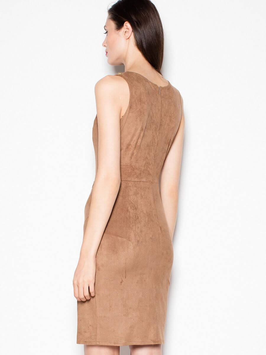 Back view of a woman wearing a suede evening dress in brown, highlighting the elegant design and soft fabric.
