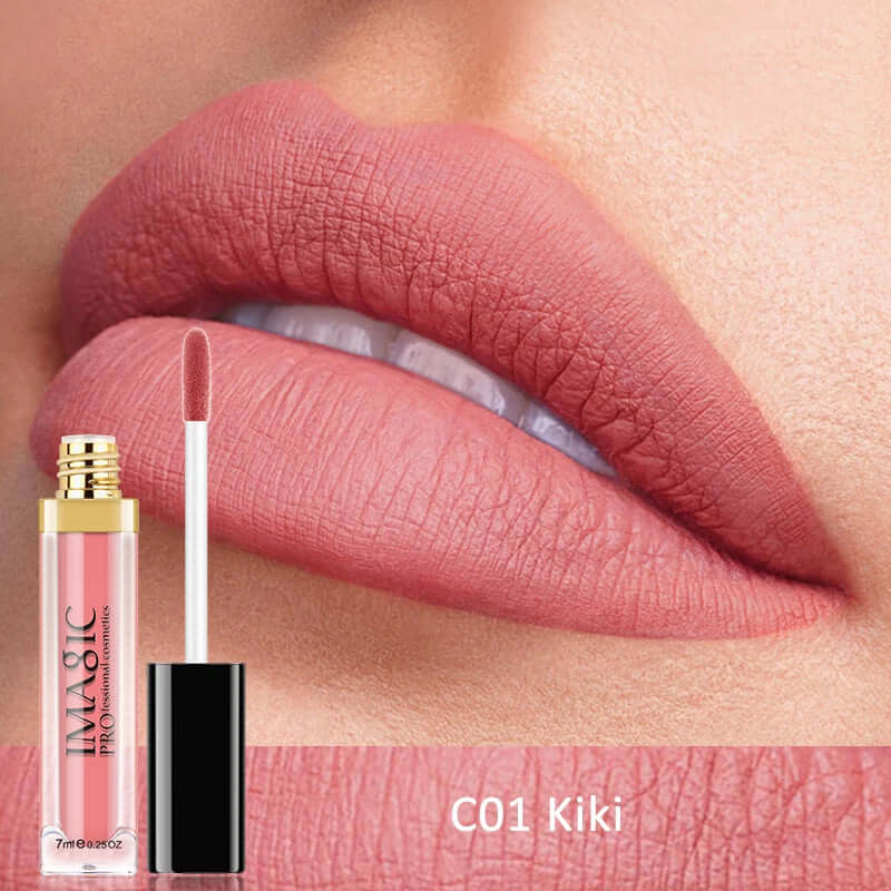 Close-up of soft pink lips with ILUVABIC Pro lip color C01 Kiki, showcasing E.LODY fashion collection.