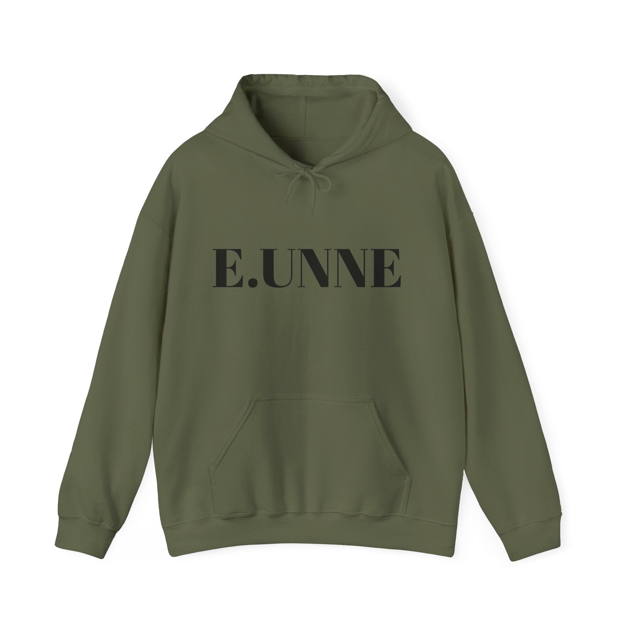 E.UNNE Logo Hoodie — Minimal Monogram Pullover in olive green with kangaroo pocket and double-lined hood.