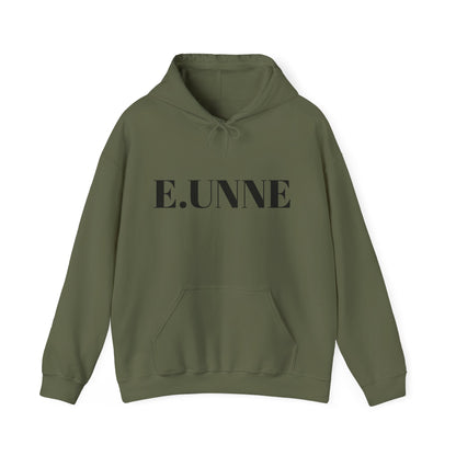 E.UNNE Logo Hoodie — Minimal Monogram Pullover in olive green with kangaroo pocket and double-lined hood.