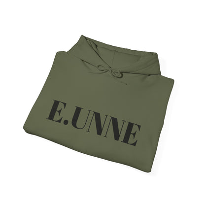 E.UNNE Logo Hoodie — Minimal Monogram Pullover in olive green, featuring a minimalist design and kangaroo pocket.