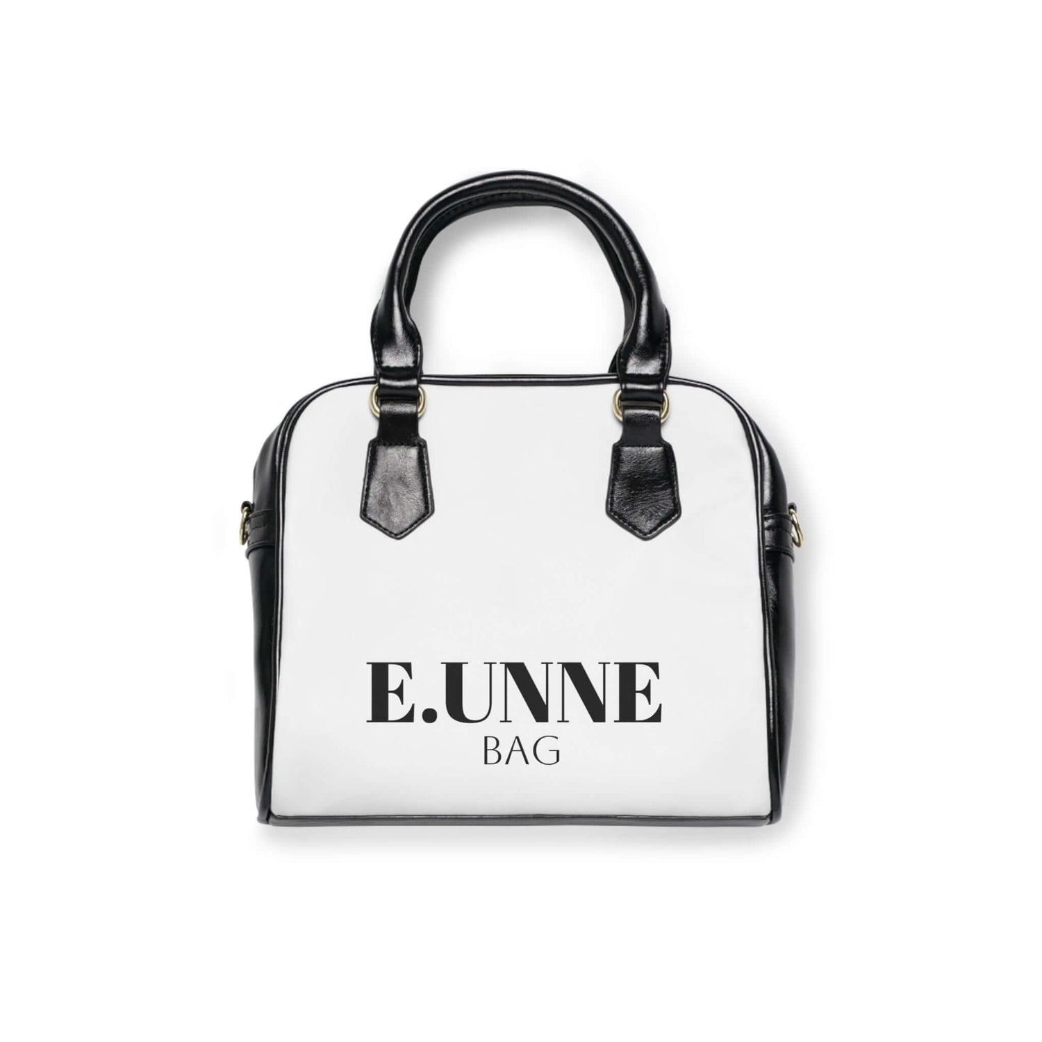 E.UNNE Classic Shoulder Handbag — Elegant White &amp; Black Leather Tote with black handles and a sleek design.