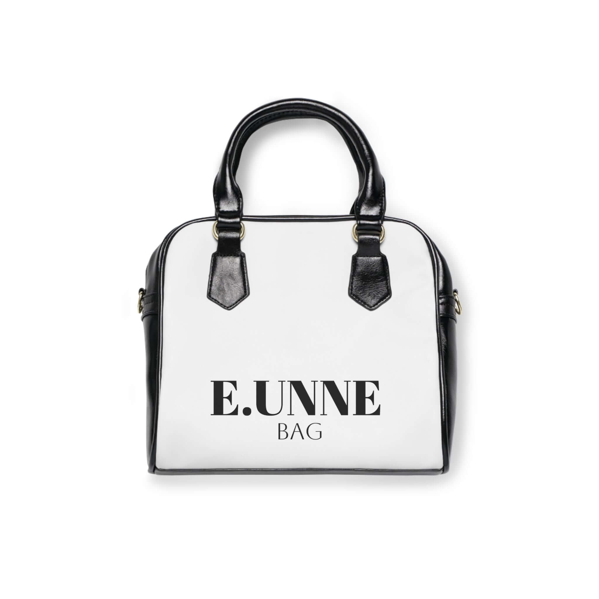 E.UNNE Classic Shoulder Handbag — Elegant White &amp; Black Leather Tote with black handles and a sleek design.