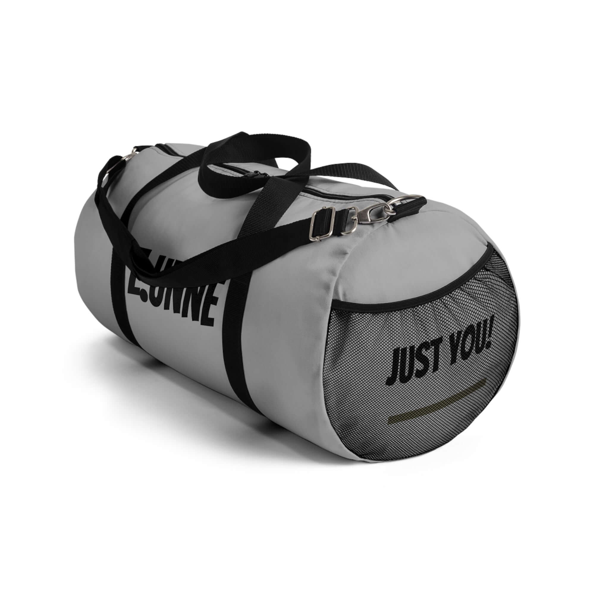 Personalized Gray Duffel Bag — Customizable Gym &amp; Travel Weekender in gray with removable strap and mesh pocket.