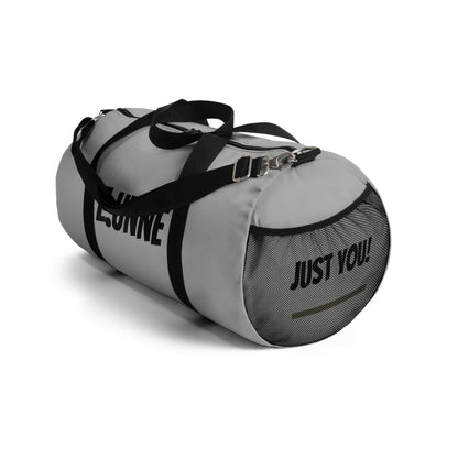 Personalized Gray Duffel Bag — Customizable Gym &amp; Travel Weekender in gray with removable strap and mesh pocket.