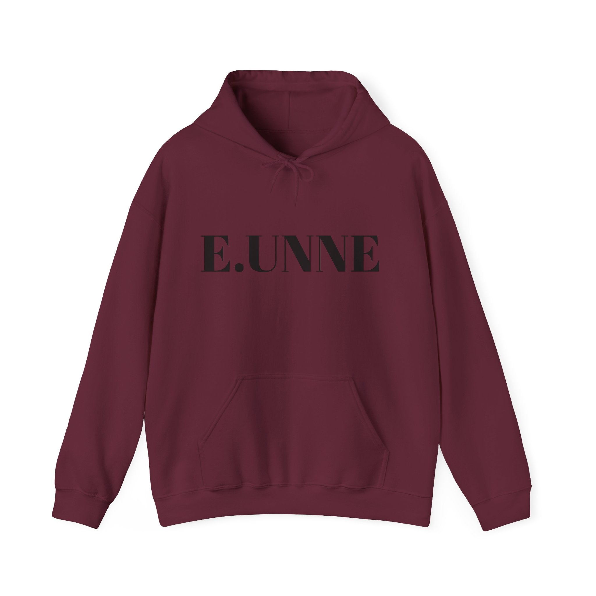 E.UNNE Logo Hoodie — Minimal Monogram Pullover in burgundy with centered logo design.