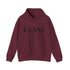 E.UNNE Logo Hoodie — Minimal Monogram Pullover in burgundy with centered logo design.