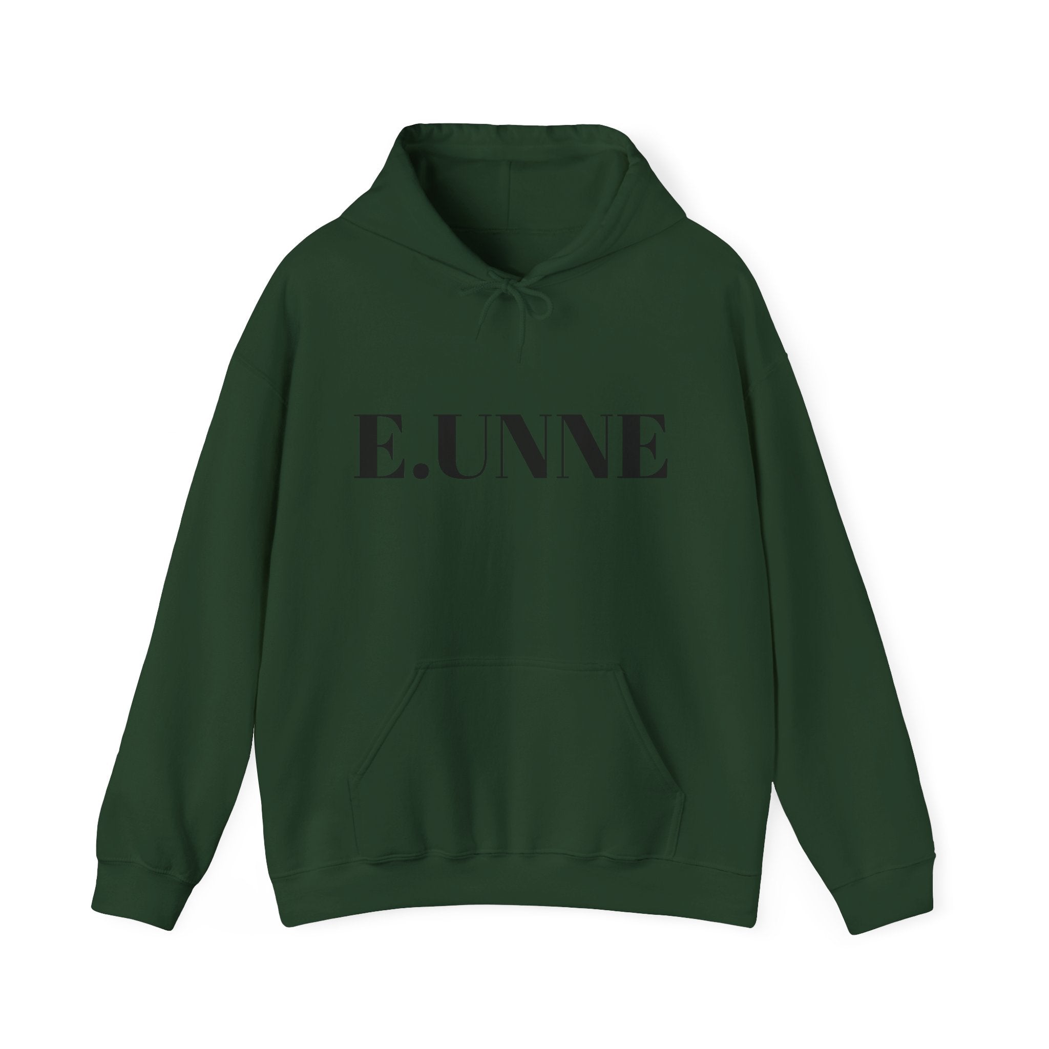 E.UNNE Logo Hoodie — Minimal Monogram Pullover in dark green with kangaroo pocket and double-lined hood.