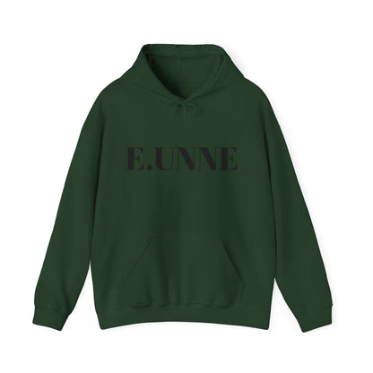 E.UNNE Logo Hoodie — Minimal Monogram Pullover in dark green with kangaroo pocket and double-lined hood.