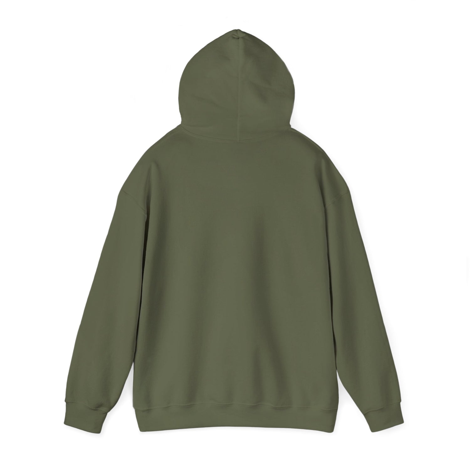 E.UNNE Logo Hoodie — Minimal Monogram Pullover back view showing the smooth olive green fabric and hood.