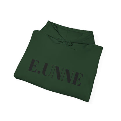 E.UNNE Logo Hoodie — Minimal Monogram Pullover in dark green with large black text logo.