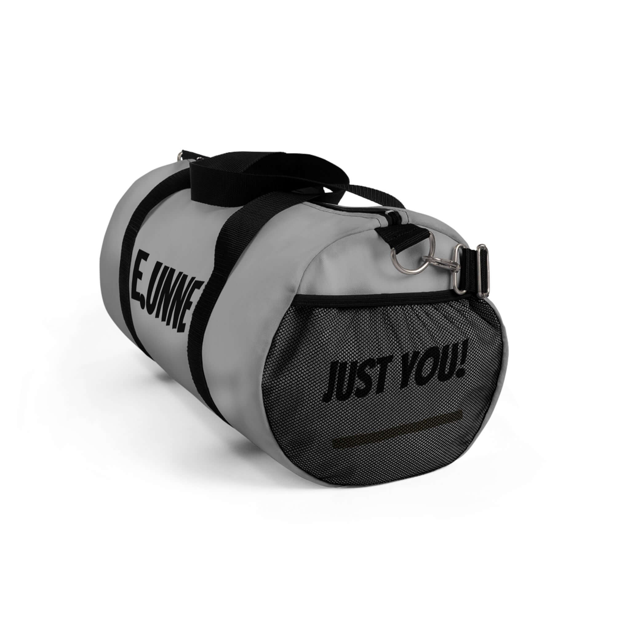 Personalized Gray Duffel Bag — Customizable Gym &amp; Travel Weekender with mesh pocket and stylish design.