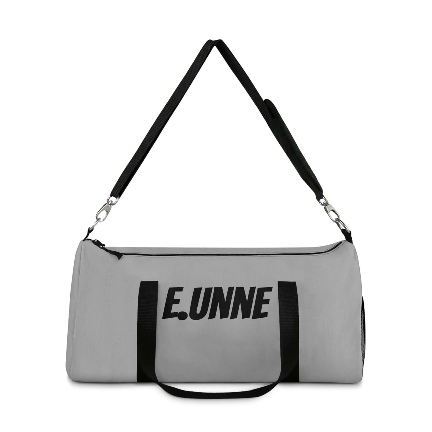 Personalized Gray Duffel Bag — Customizable Gym &amp; Travel Weekender with adjustable shoulder strap.