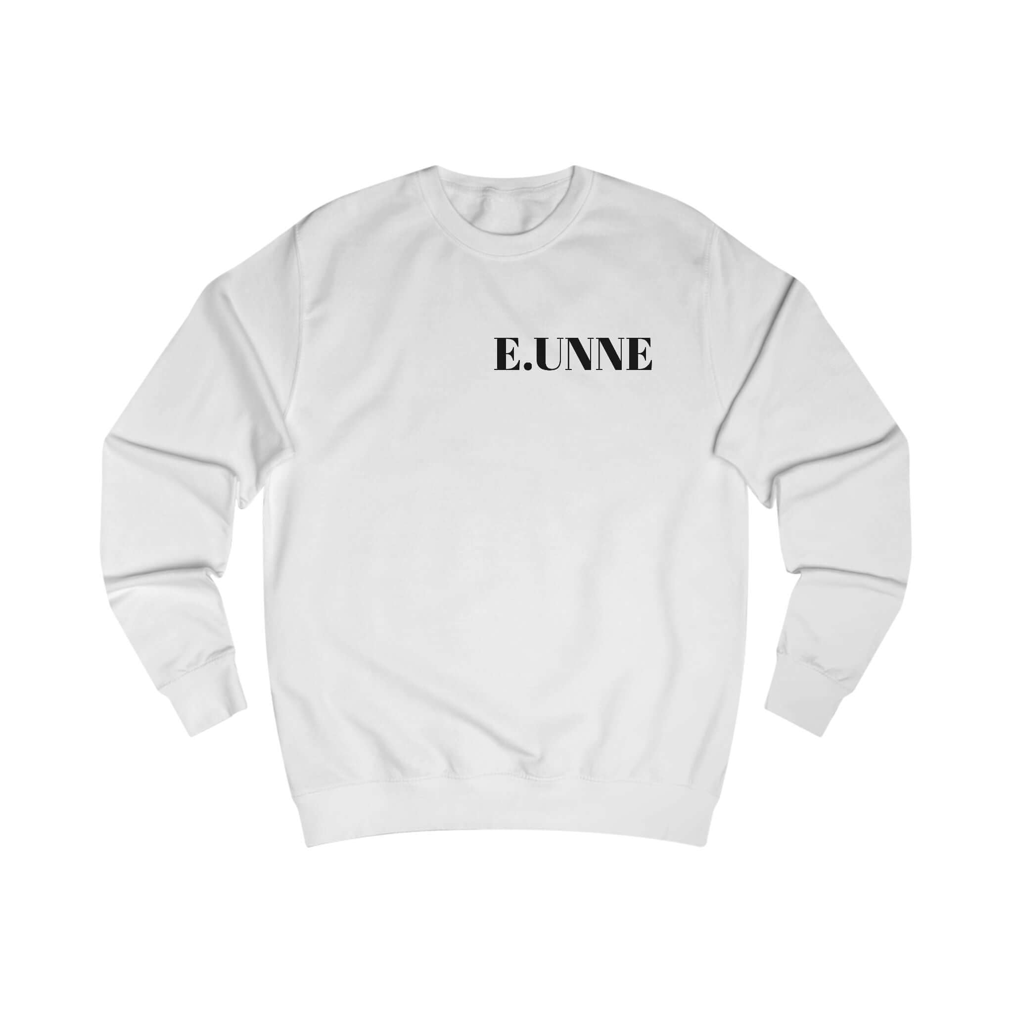 E.UNNE Minimalist Logo Sweatshirt — Unisex Casual Crewneck in white color with front logo print.