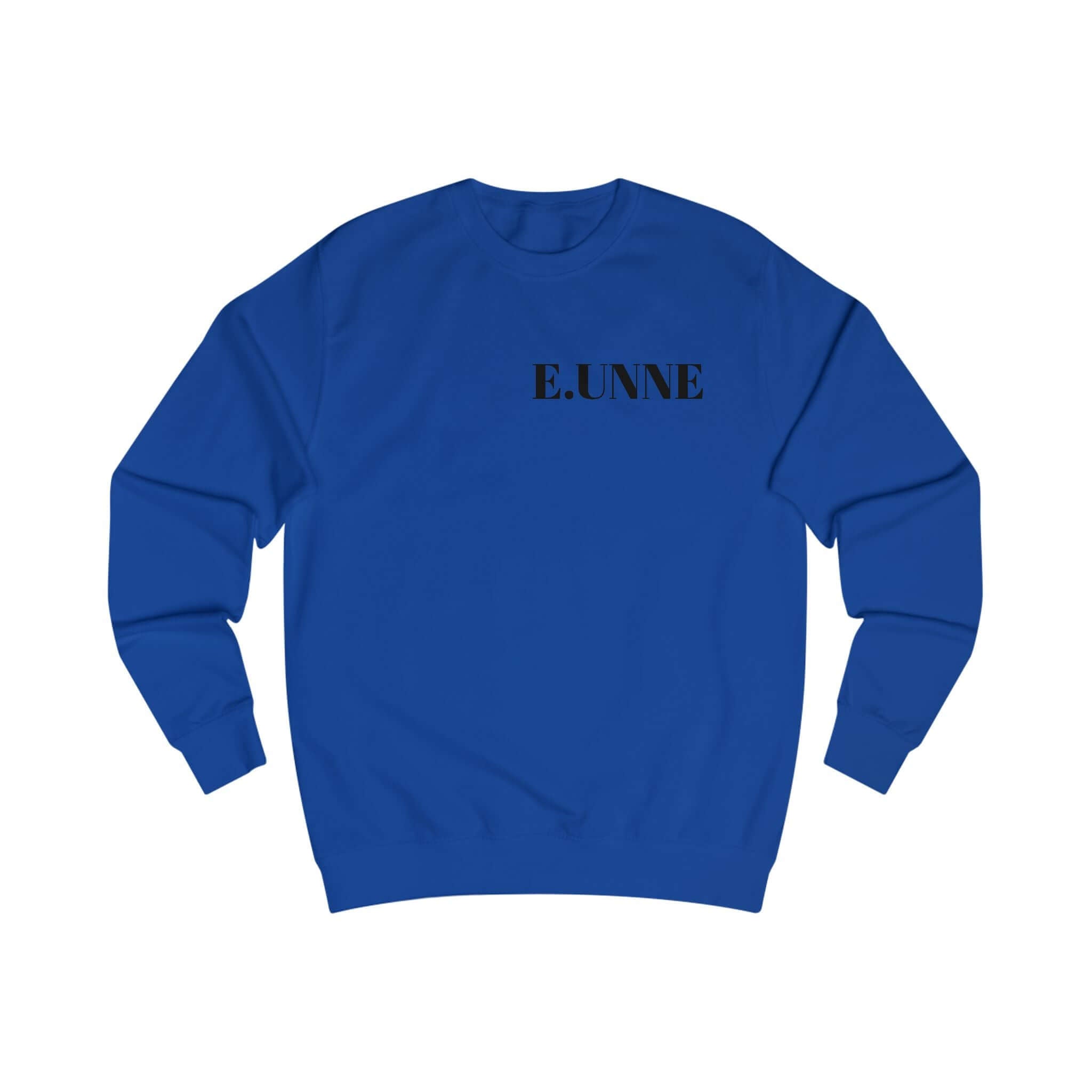 E.UNNE Minimalist Logo Sweatshirt — Unisex Casual Crewneck in vibrant blue color with minimalistic design.
