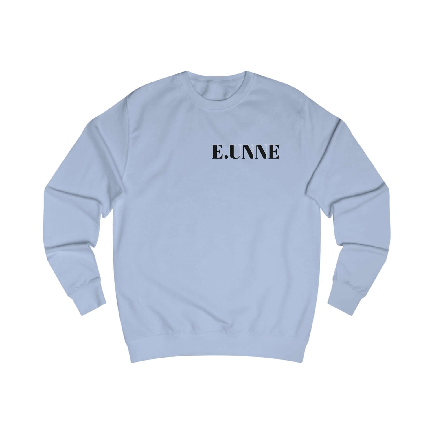 E.UNNE Minimalist Logo Sweatshirt — Unisex Casual Crewneck in light blue color with minimalist logo design.
