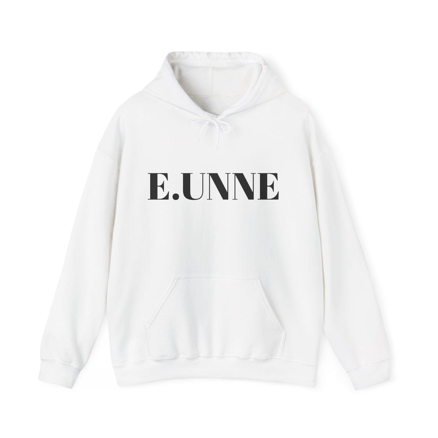E.UNNE Logo Hoodie — Minimal Monogram Pullover in white with black logo, featuring a kangaroo pocket and double-lined hood.