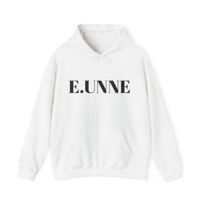 E.UNNE Logo Hoodie — Minimal Monogram Pullover in white with black logo, featuring a kangaroo pocket and double-lined hood.