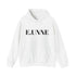 E.UNNE Logo Hoodie — Minimal Monogram Pullover in white with black logo, featuring a kangaroo pocket and double-lined hood.