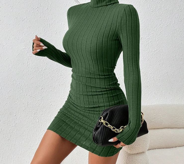 Elegant turtleneck knitted dress in green, showcasing a slim fit and ribbed texture, perfect for sophisticated styling.