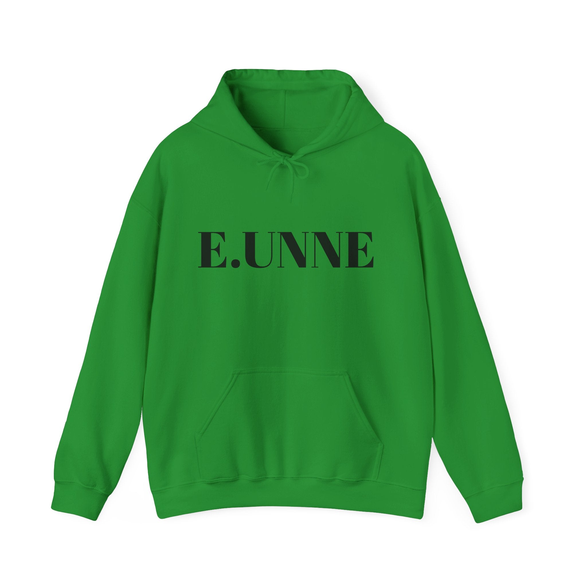 E.UNNE Logo Hoodie — Minimal Monogram Pullover in vibrant green with centered black logo.