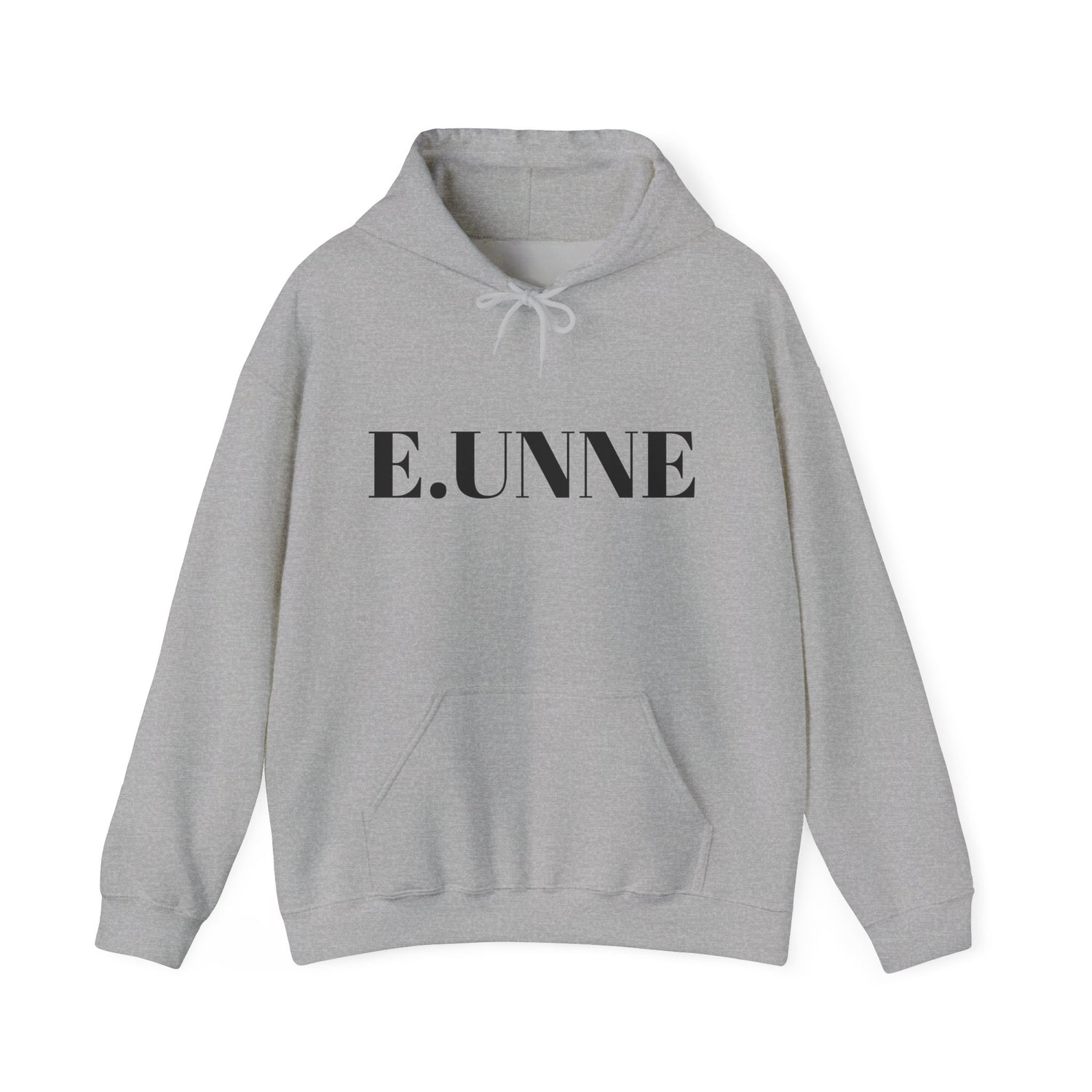 E.UNNE Logo Hoodie — Minimal Monogram Pullover in grey with centered logo design and kangaroo pocket.