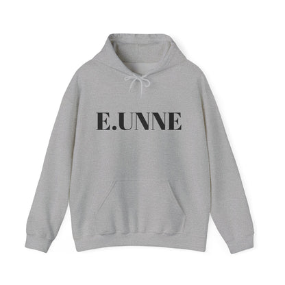 E.UNNE Logo Hoodie — Minimal Monogram Pullover in grey with centered logo design and kangaroo pocket.