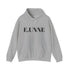 E.UNNE Logo Hoodie — Minimal Monogram Pullover in grey with centered logo design and kangaroo pocket.