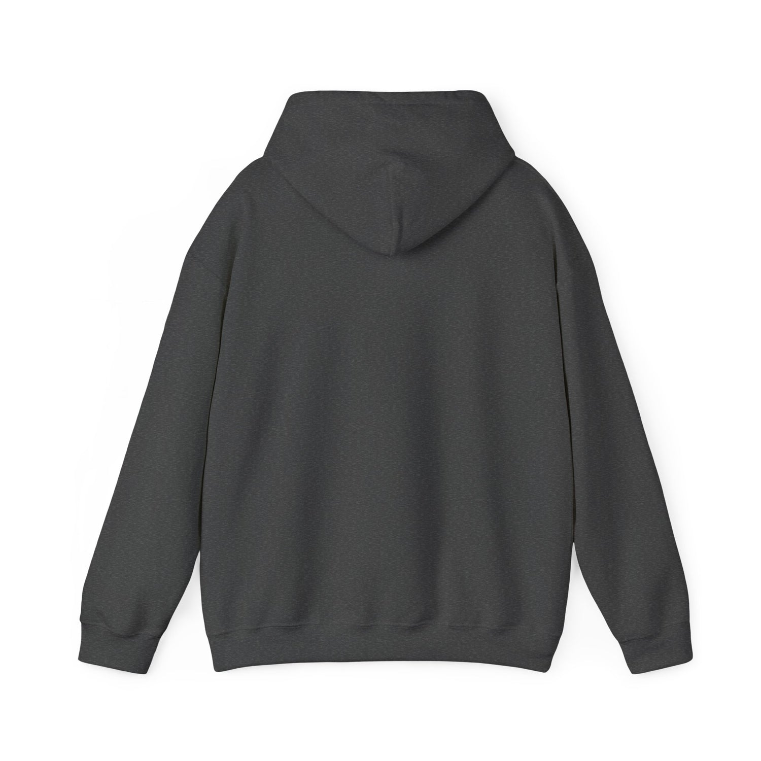 E.UNNE Logo Hoodie — Minimal Monogram Pullover back view in dark gray fabric, showcasing the double-lined hood and relaxed fit.