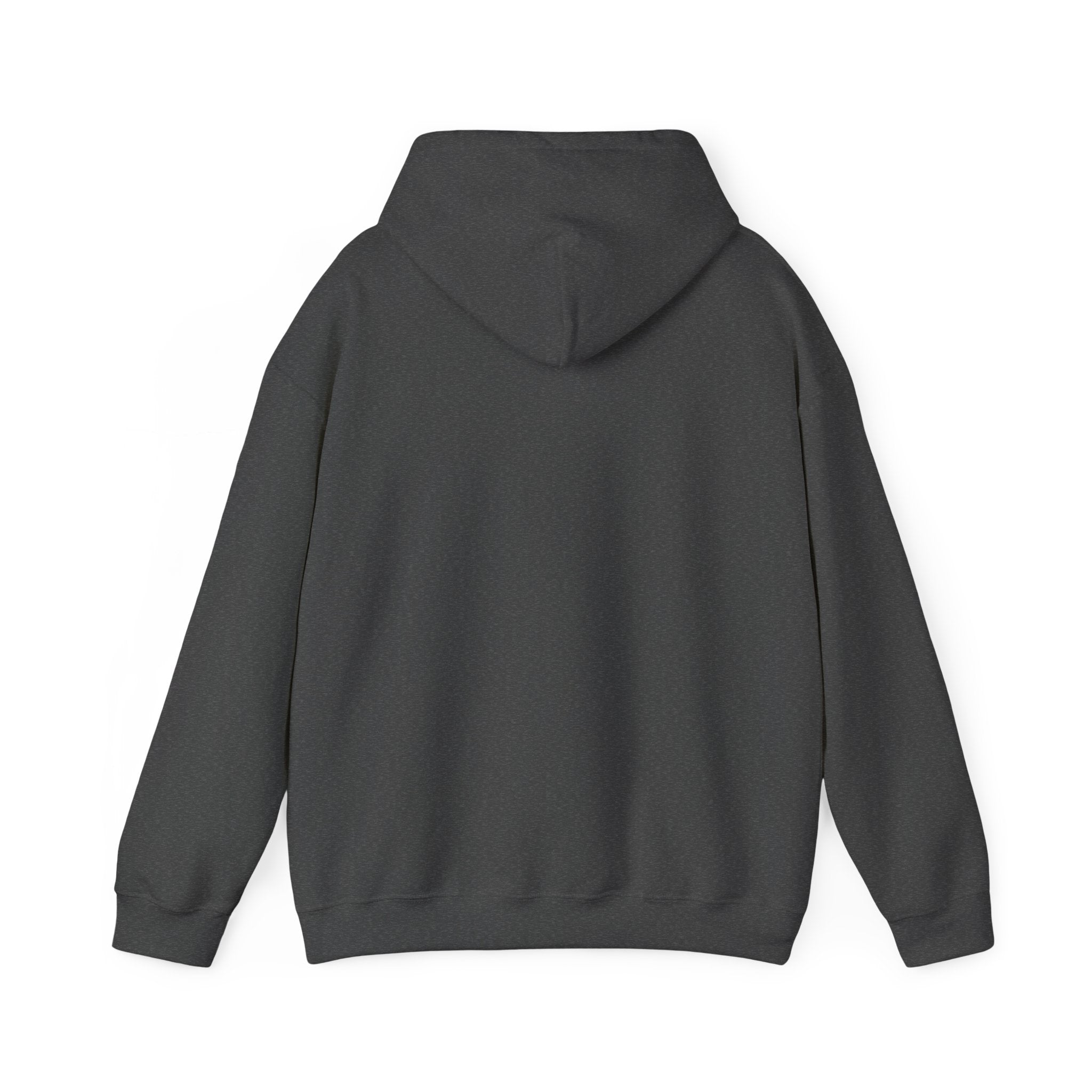 E.UNNE Logo Hoodie — Minimal Monogram Pullover back view in dark gray fabric, showcasing the double-lined hood and relaxed fit.
