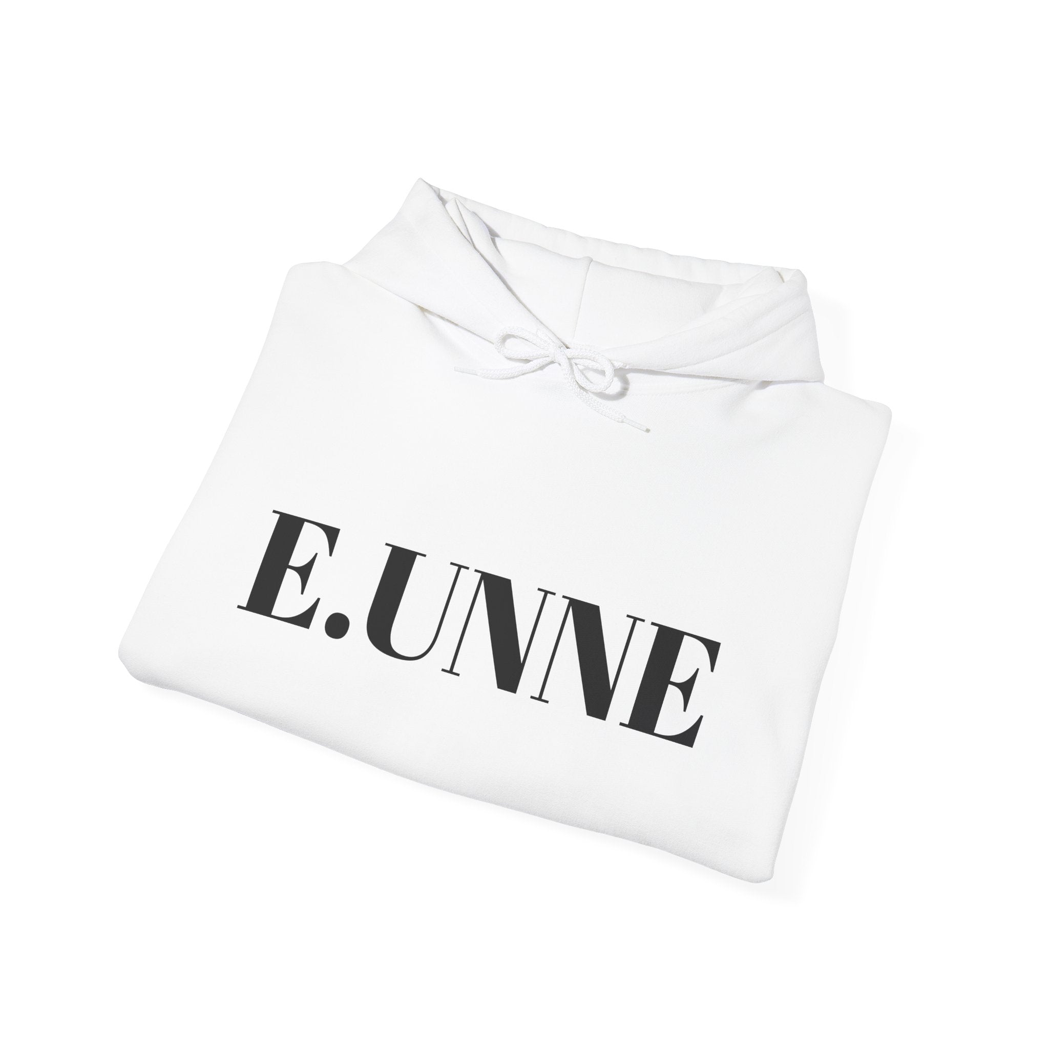 E.UNNE Logo Hoodie — Minimal Monogram Pullover displayed on a white background, showcasing its clean design.
