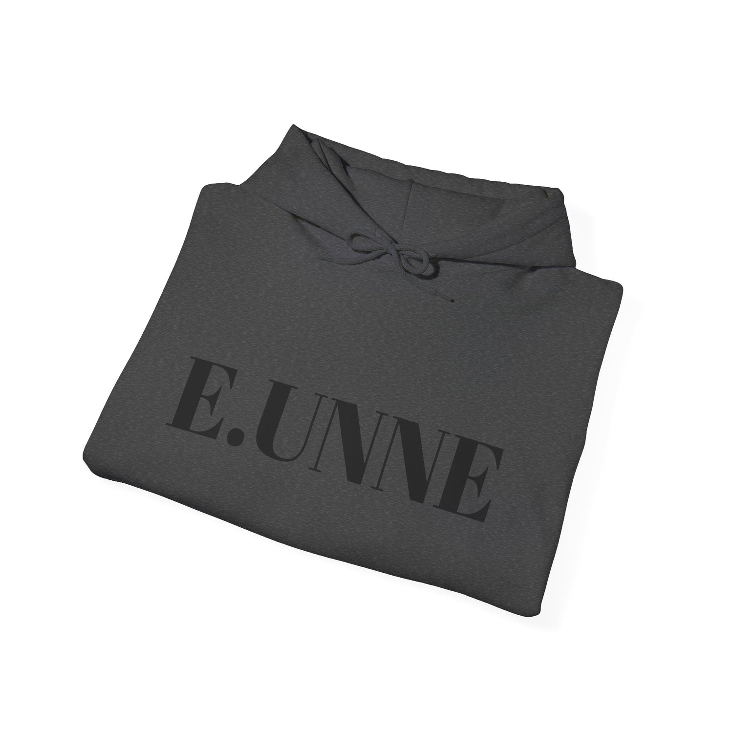 E.UNNE Logo Hoodie — Minimal Monogram Pullover folded in dark grey with centered logo.
