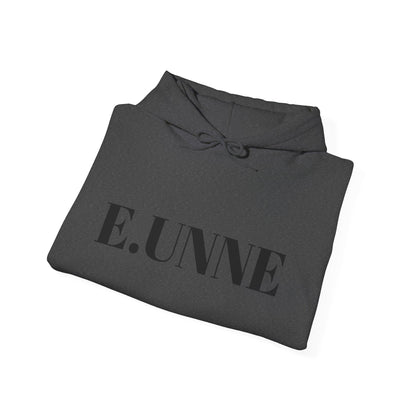 E.UNNE Logo Hoodie — Minimal Monogram Pullover folded in dark grey with centered logo.