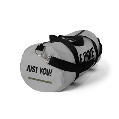 Personalized Gray Duffel Bag — Customizable Gym &amp; Travel Weekender with stylish text design.