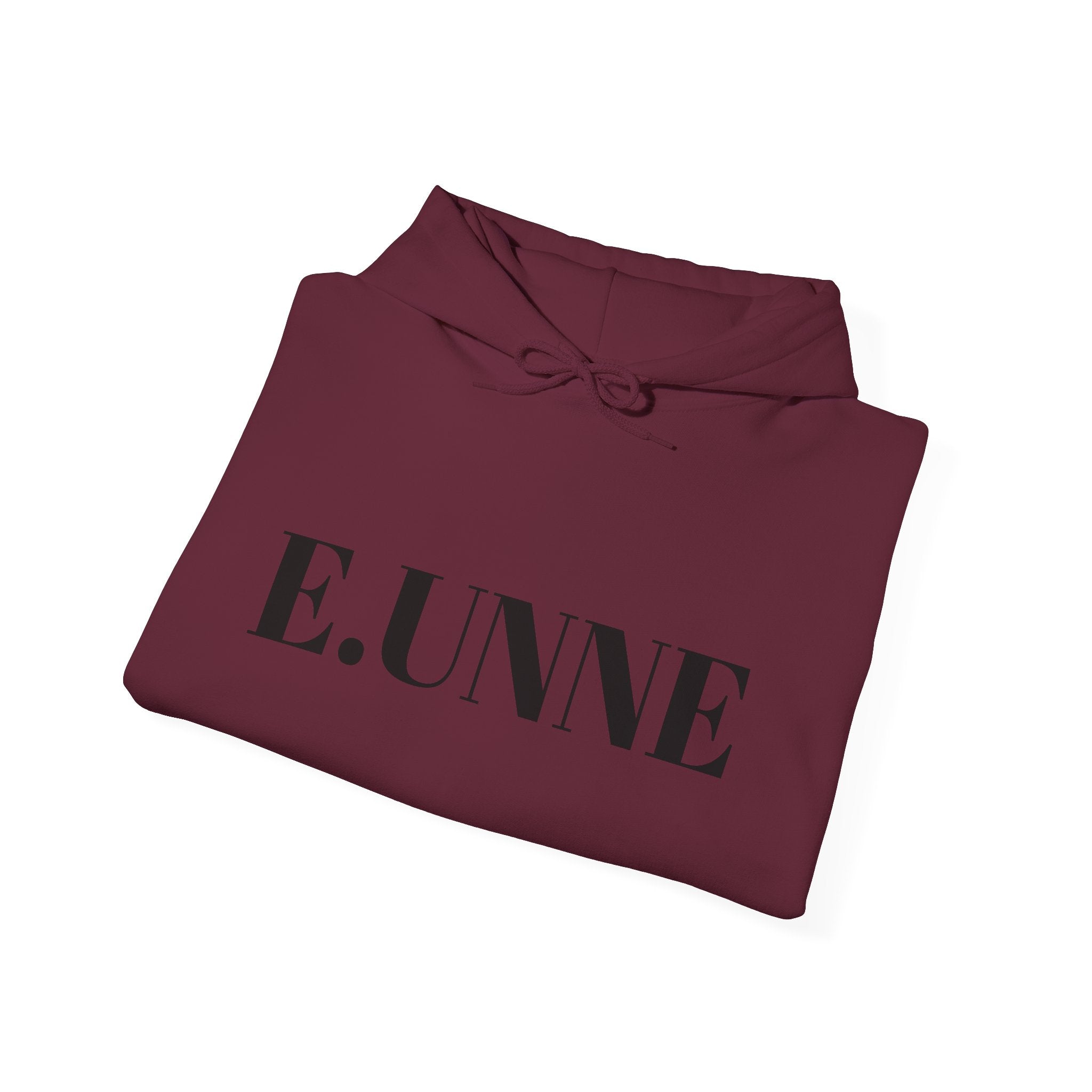 E.UNNE Logo Hoodie — Minimal Monogram Pullover in burgundy with clean black logo design displayed on front.