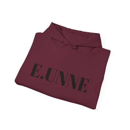 E.UNNE Logo Hoodie — Minimal Monogram Pullover in burgundy with clean black logo design displayed on front.