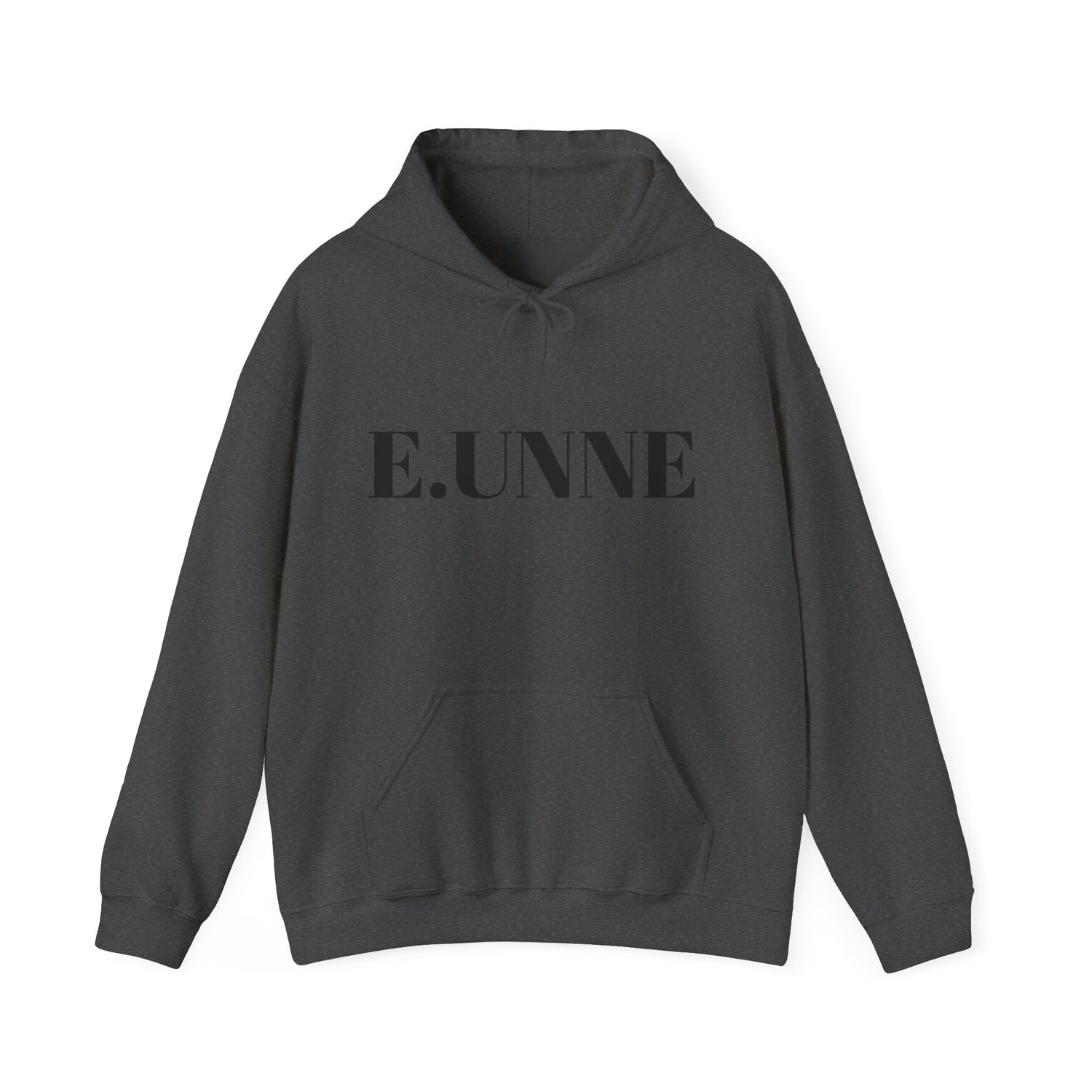 E.UNNE Logo Hoodie — Minimal Monogram Pullover in dark grey with kangaroo pocket and double-lined hood.