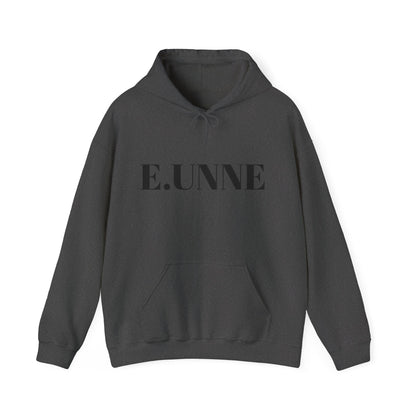 E.UNNE Logo Hoodie — Minimal Monogram Pullover in dark grey with kangaroo pocket and double-lined hood.